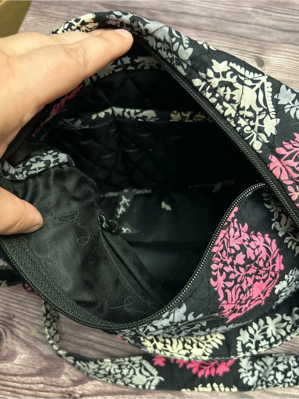 Vera Bradley Black Crossbody with Pink and Gray Floral Medallions